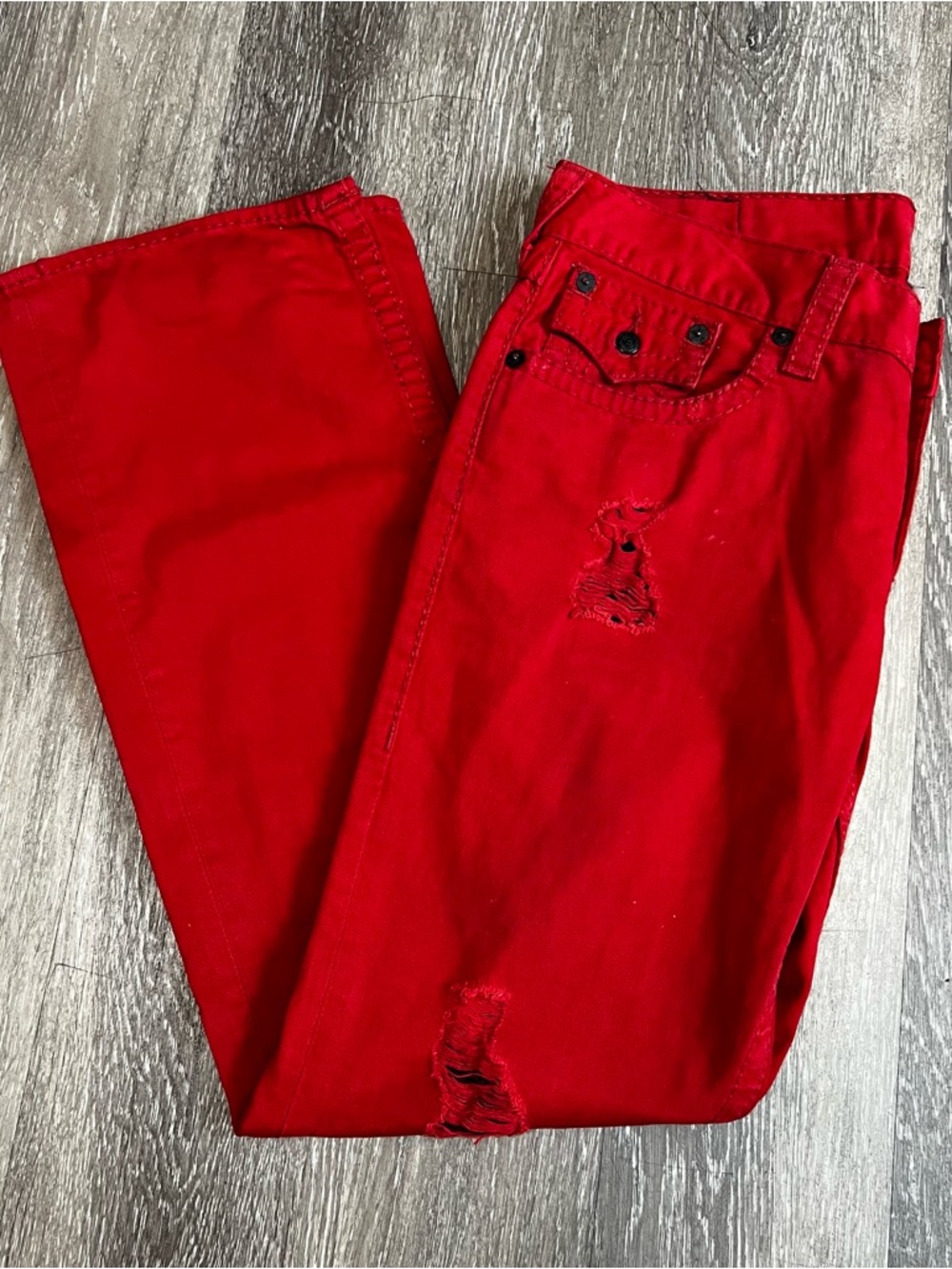 True Religion Distressed Straight Big T Jeans Men's 36 Tonal Red Flap Pockets